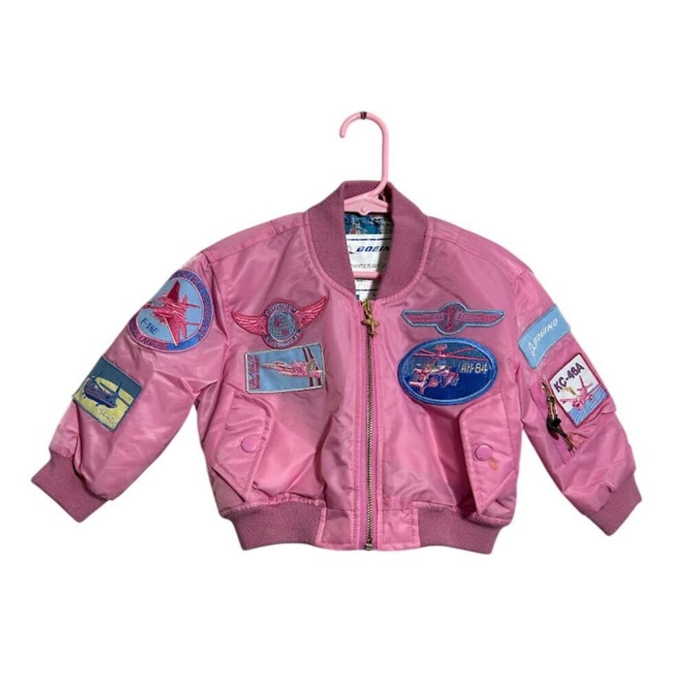 Boeing Flight Jacket Kids Girls 2T Pink Nylon Bomber Patches Map Lined Authentic